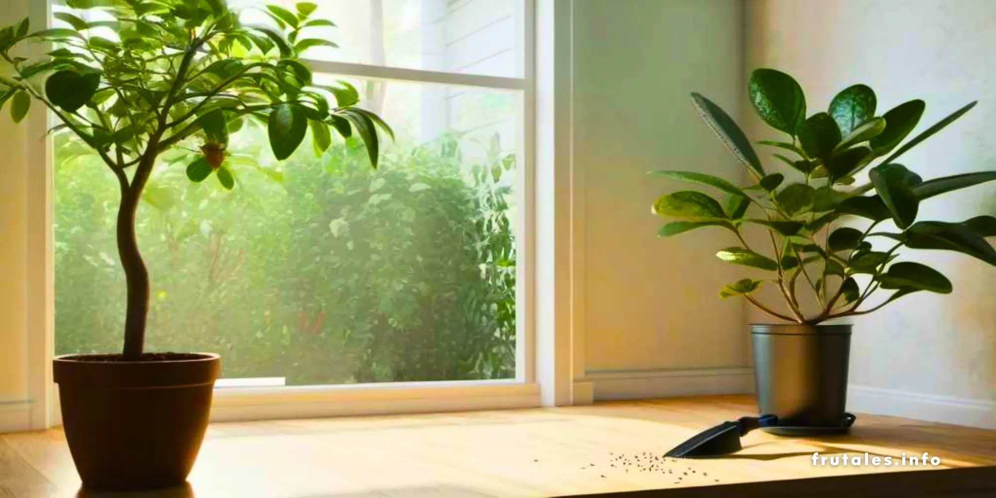 Pequeños aguacates creciendo en un árbol de aguacate en una maceta junto a una ventana, rodeado de otras plantas de interior.