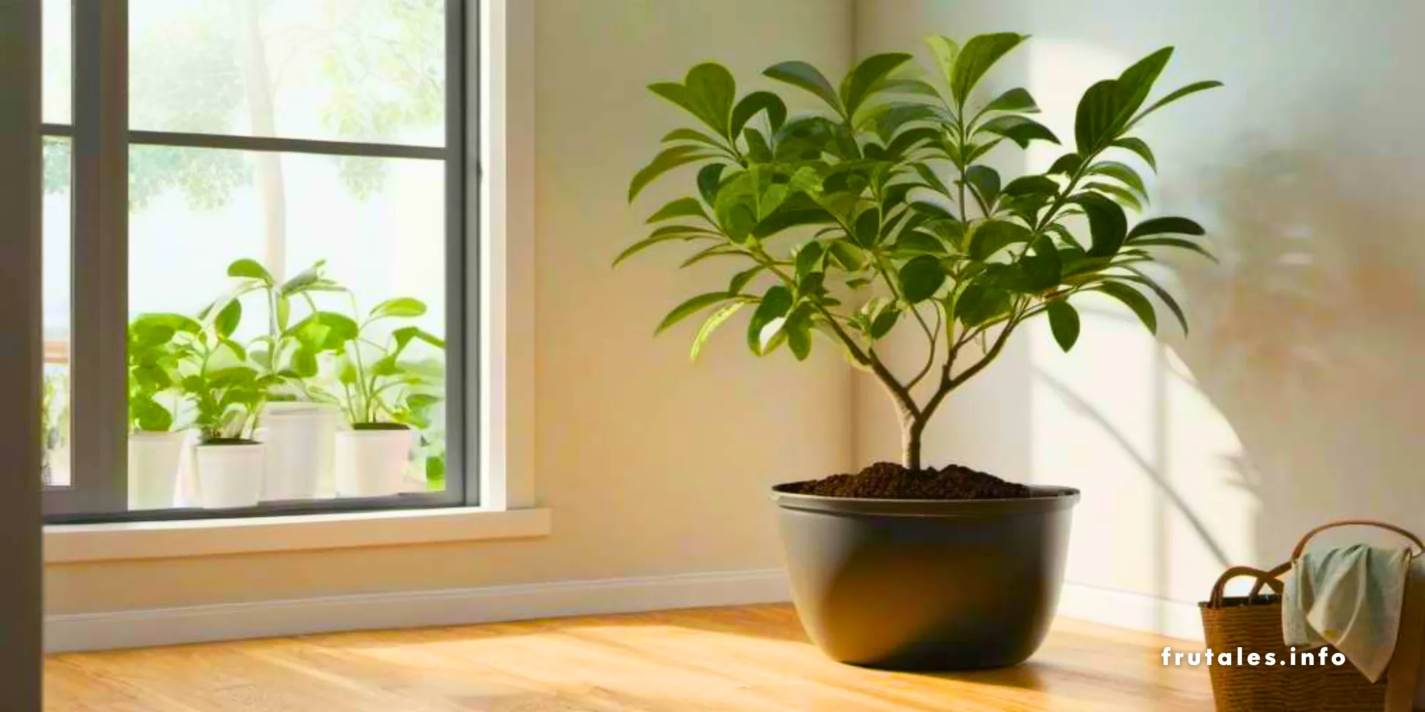 Árbol de aguacate con pequeños aguacates en crecimiento en una maceta negra cerca de una ventana, con plantas en macetas pequeñas alrededor.