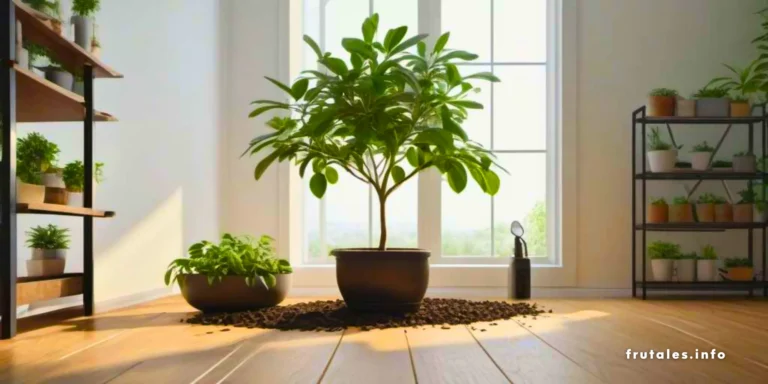 Pequeños aguacates en árboles frutales en macetas junto a una ventana, con herramientas de jardinería en el suelo.