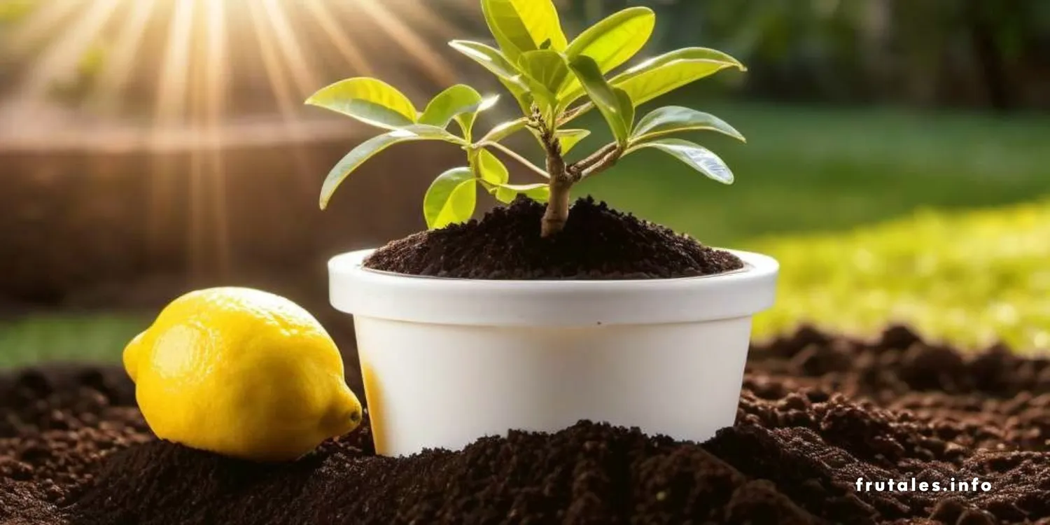 Foto de un pequeño limón recién nacido en una maceta junto a un limón en referencia a la pregunta: ¿Cómo plantar un limonero a partir de un limón?