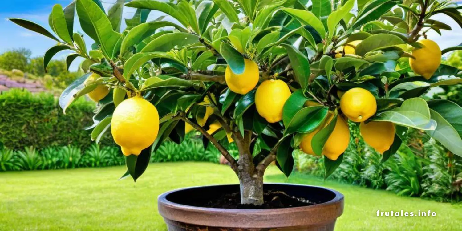 Foto de un Limonero en maceta con frutos maduros y hojas verdes en un entorno soleado.