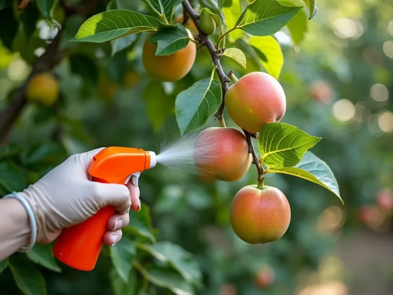 Mano con guante rociando fitosanitario en melocotones en un árbol frutal.